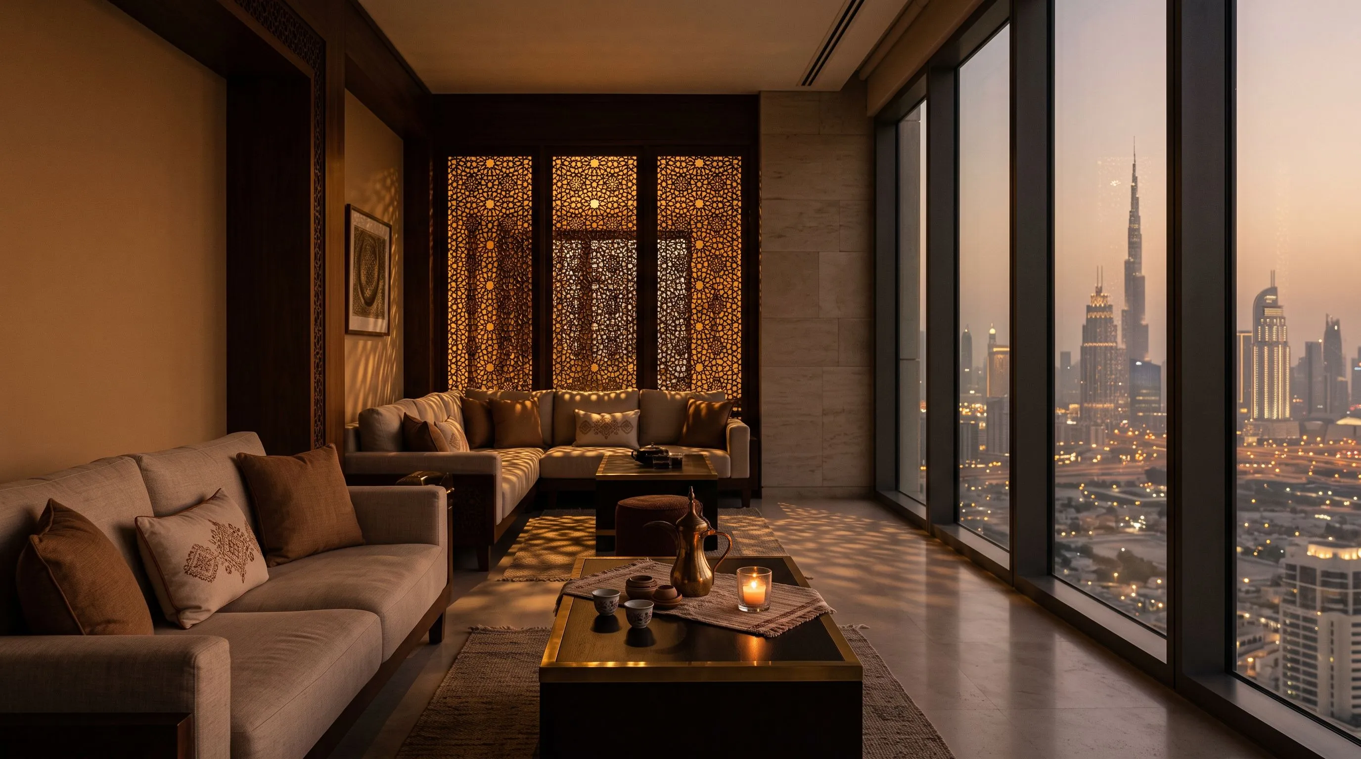 Elegant majlis interior in Dubai at dusk, mashrabiya shadow