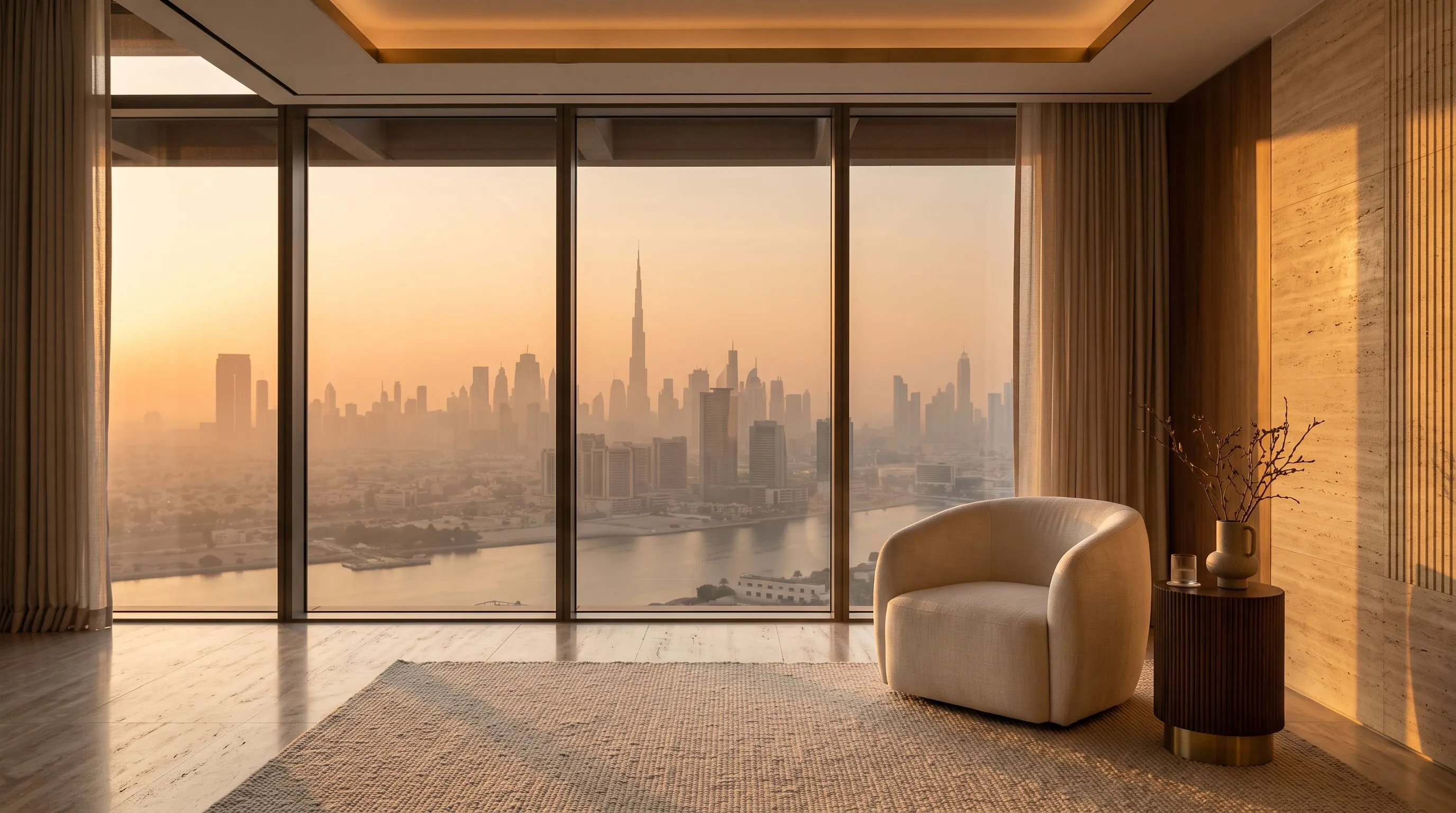 Minimalist Dubai penthouse interior at golden hour