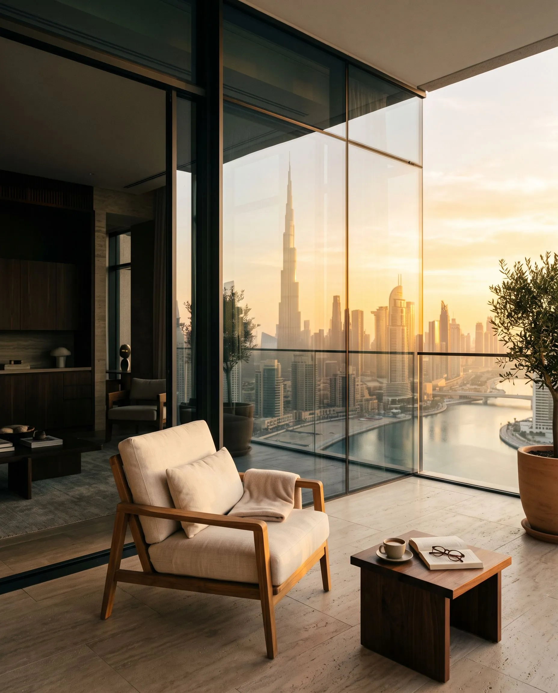 Penthouse terrace in Dubai at dawn with a view of the Burj Khalifa