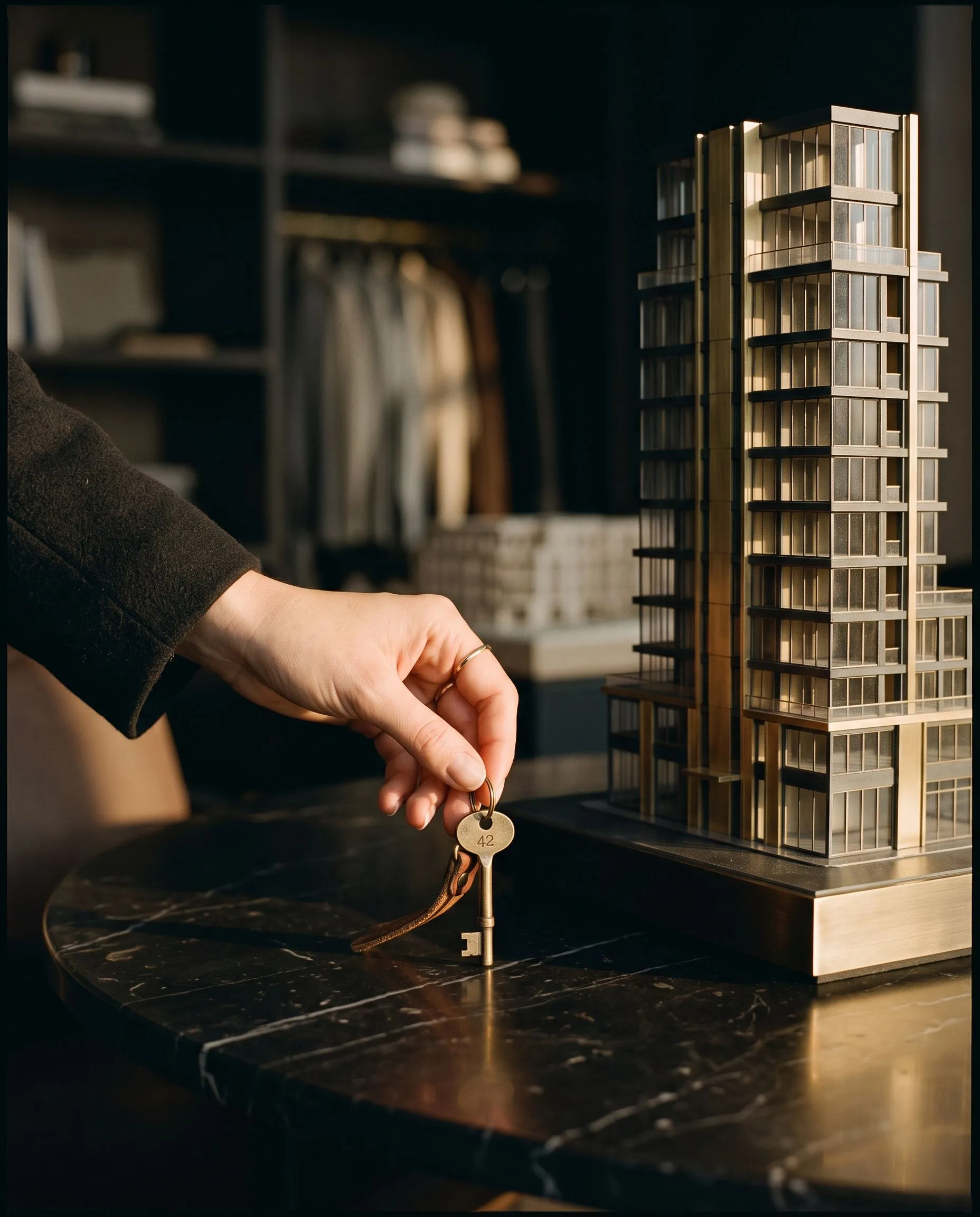 A hand passing a key beside a model of a modern tower
