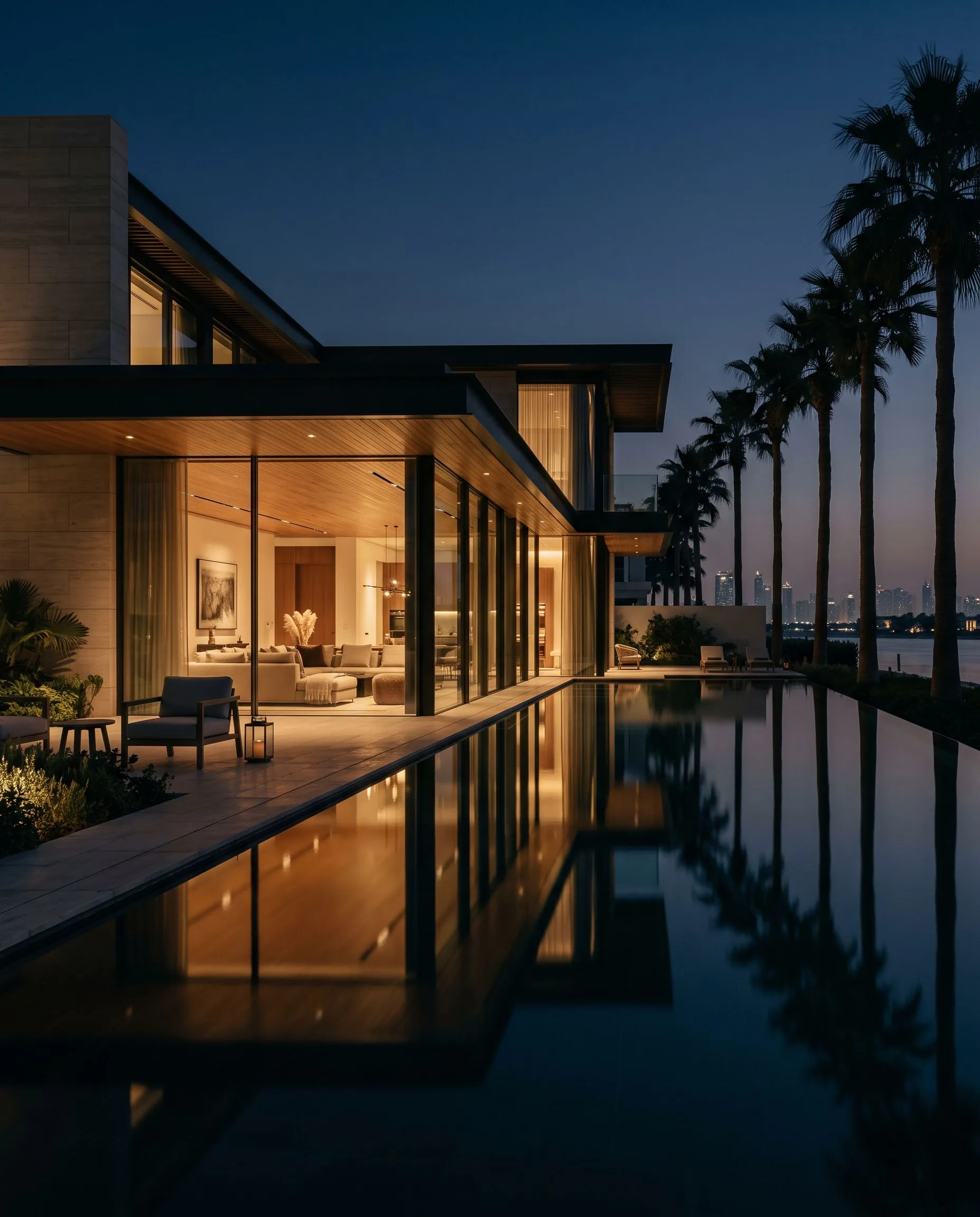 Modern Dubai villa with a pool at dusk