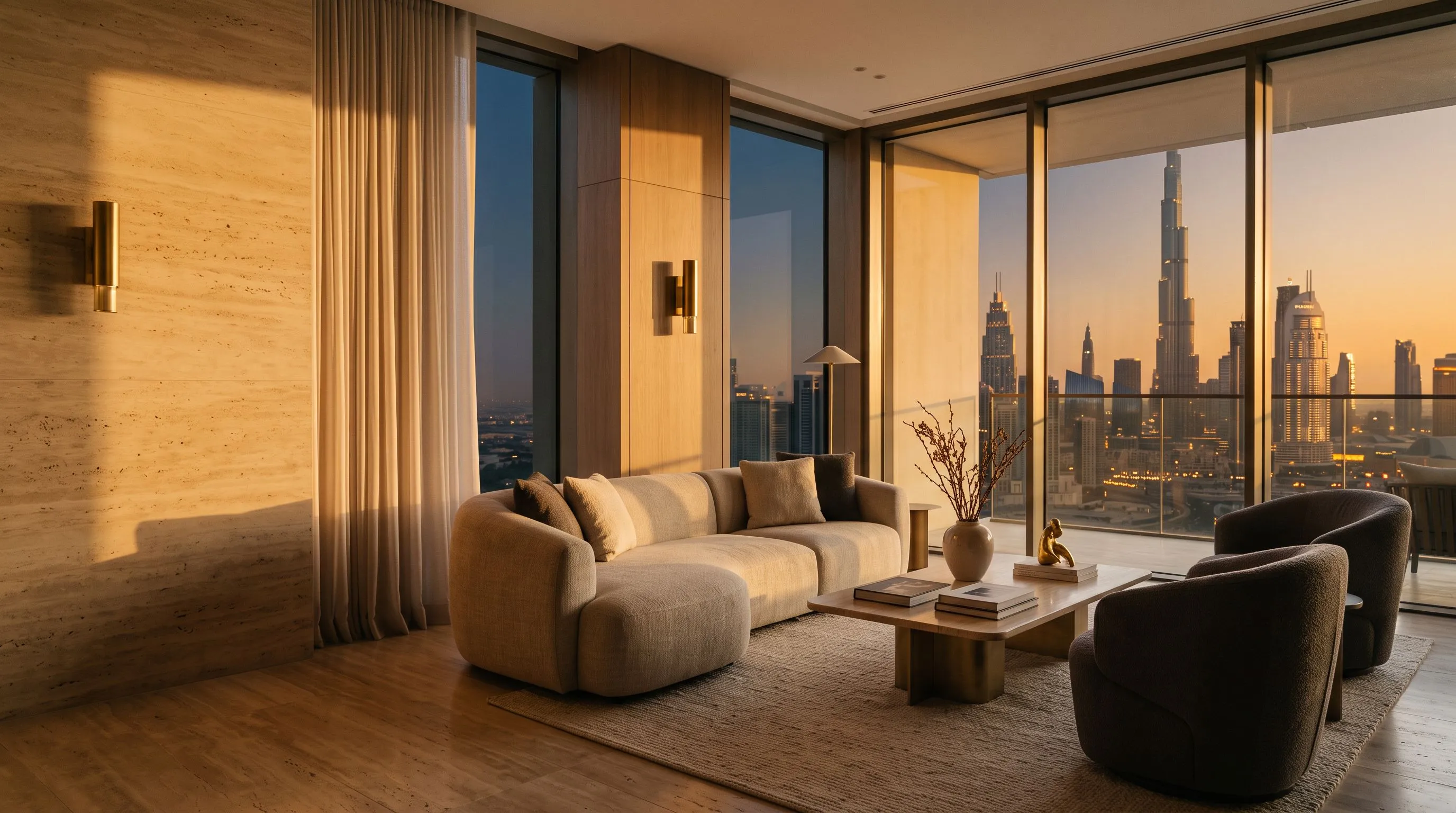 Elegant Dubai residence interior overlooking the city skyline at golden hour