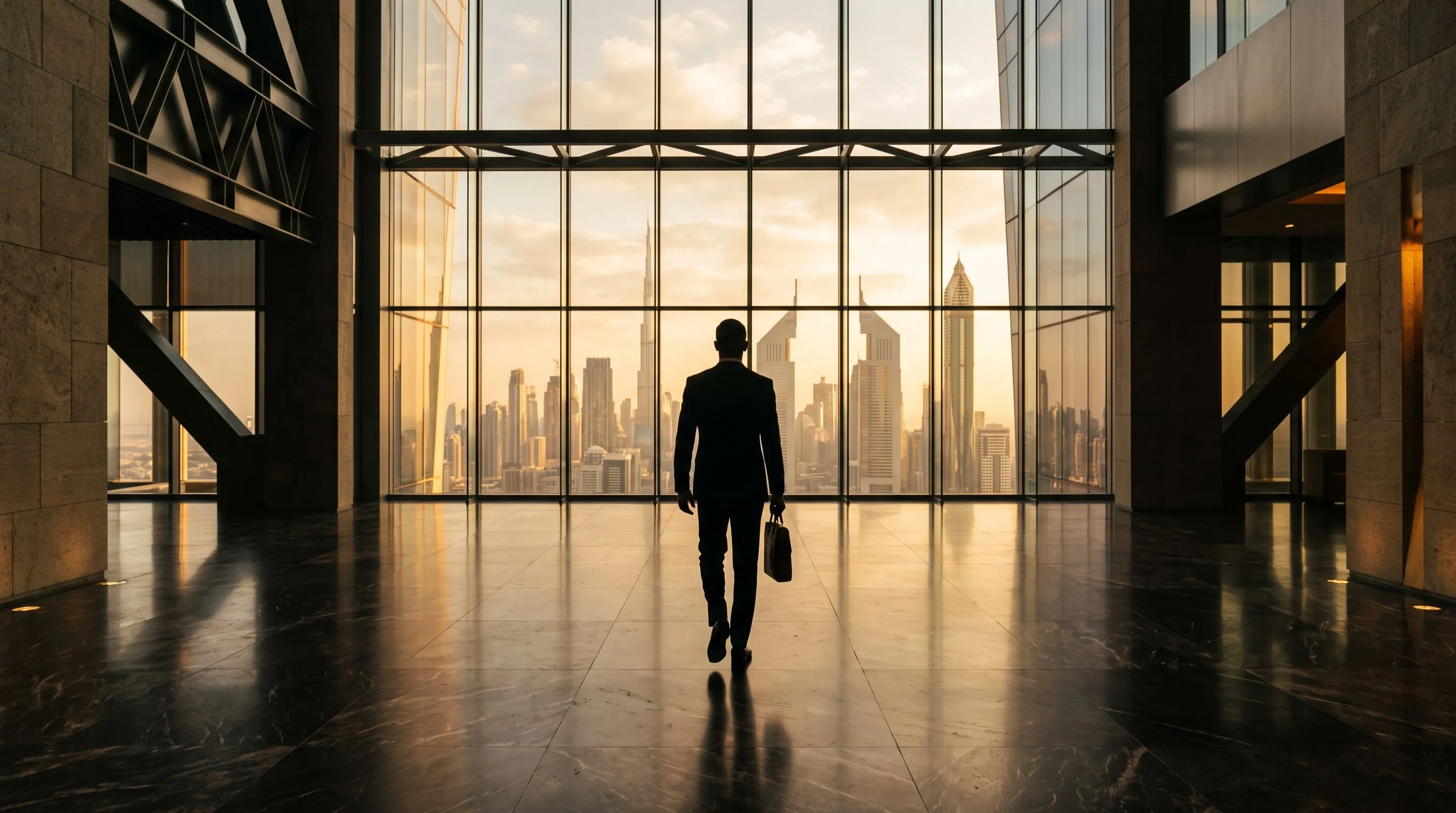 A professional walking towards a glass wall in a Dubai tower at golden hour