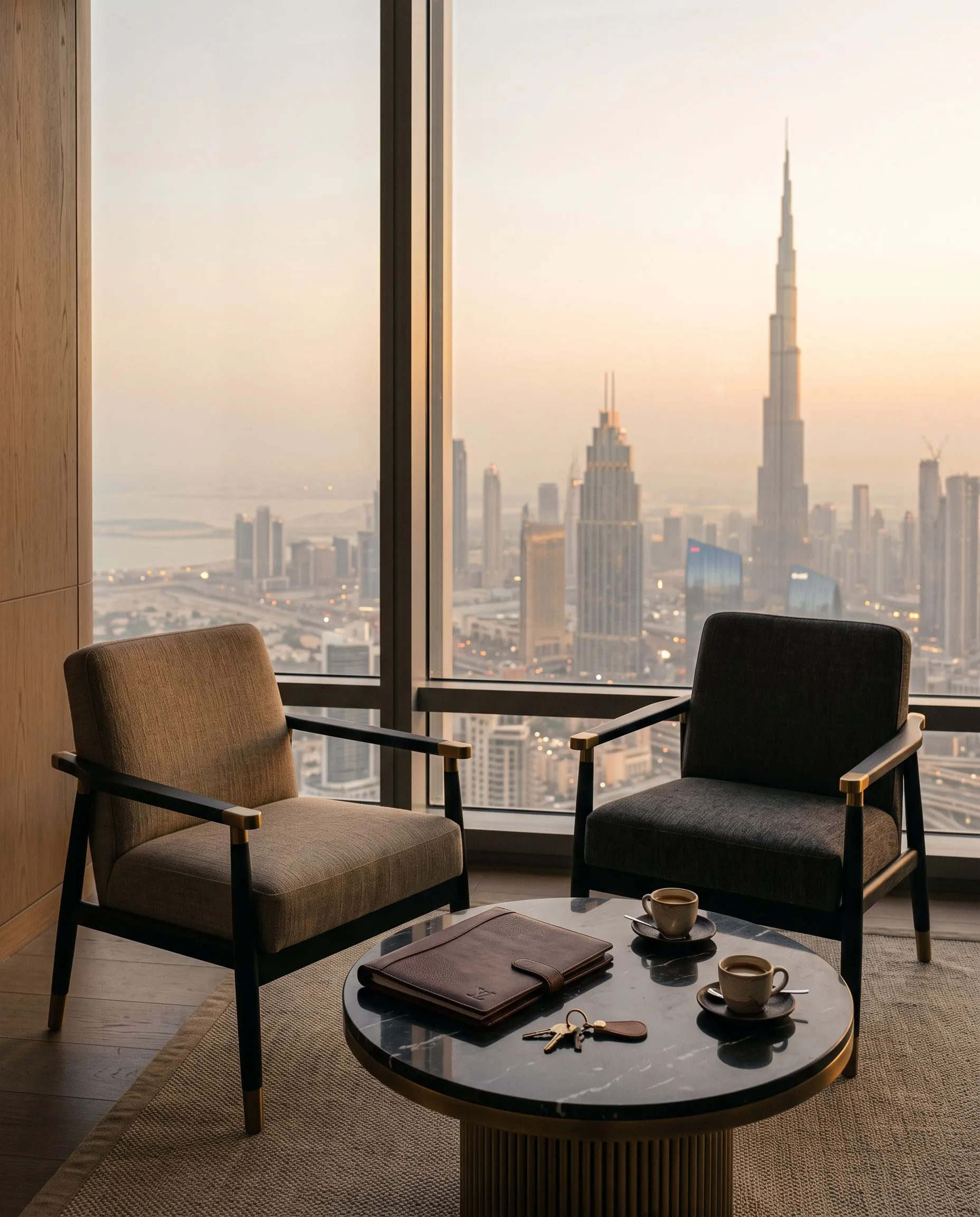 An elegant client consultation space in a Dubai tower at golden hour