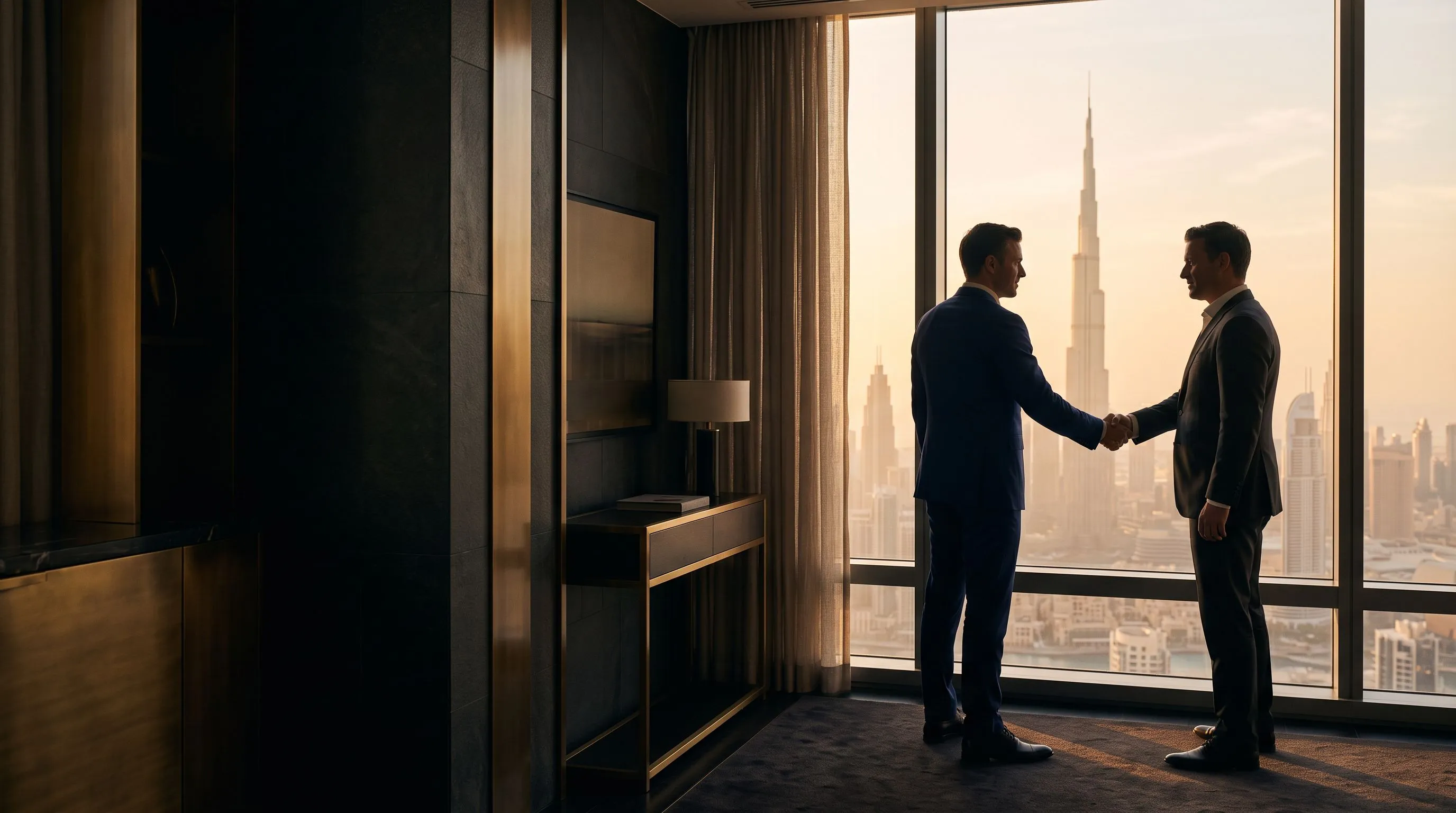 Two ARHALI advisers talking by a window with the Dubai skyline at dusk