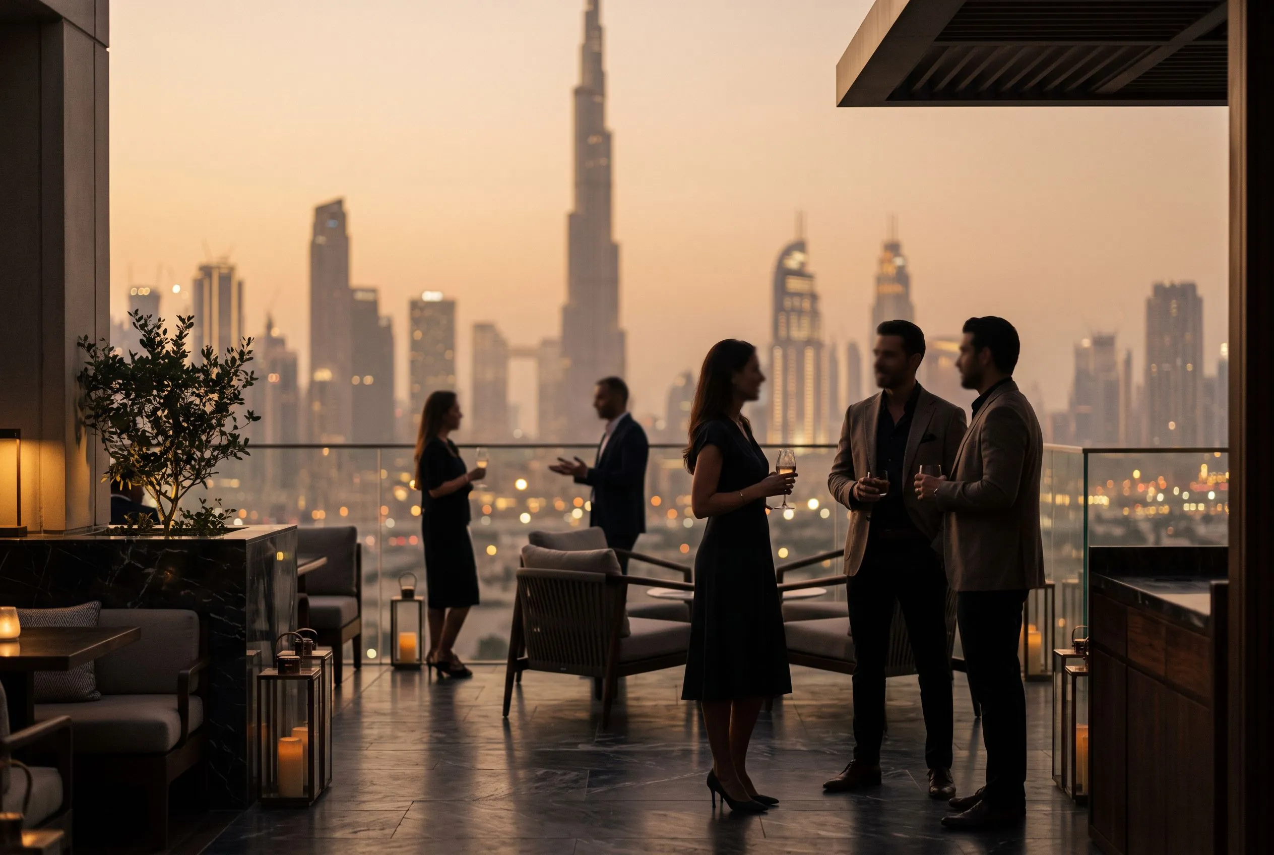 An elegant gathering of experts on a terrace with the Dubai skyline at dusk