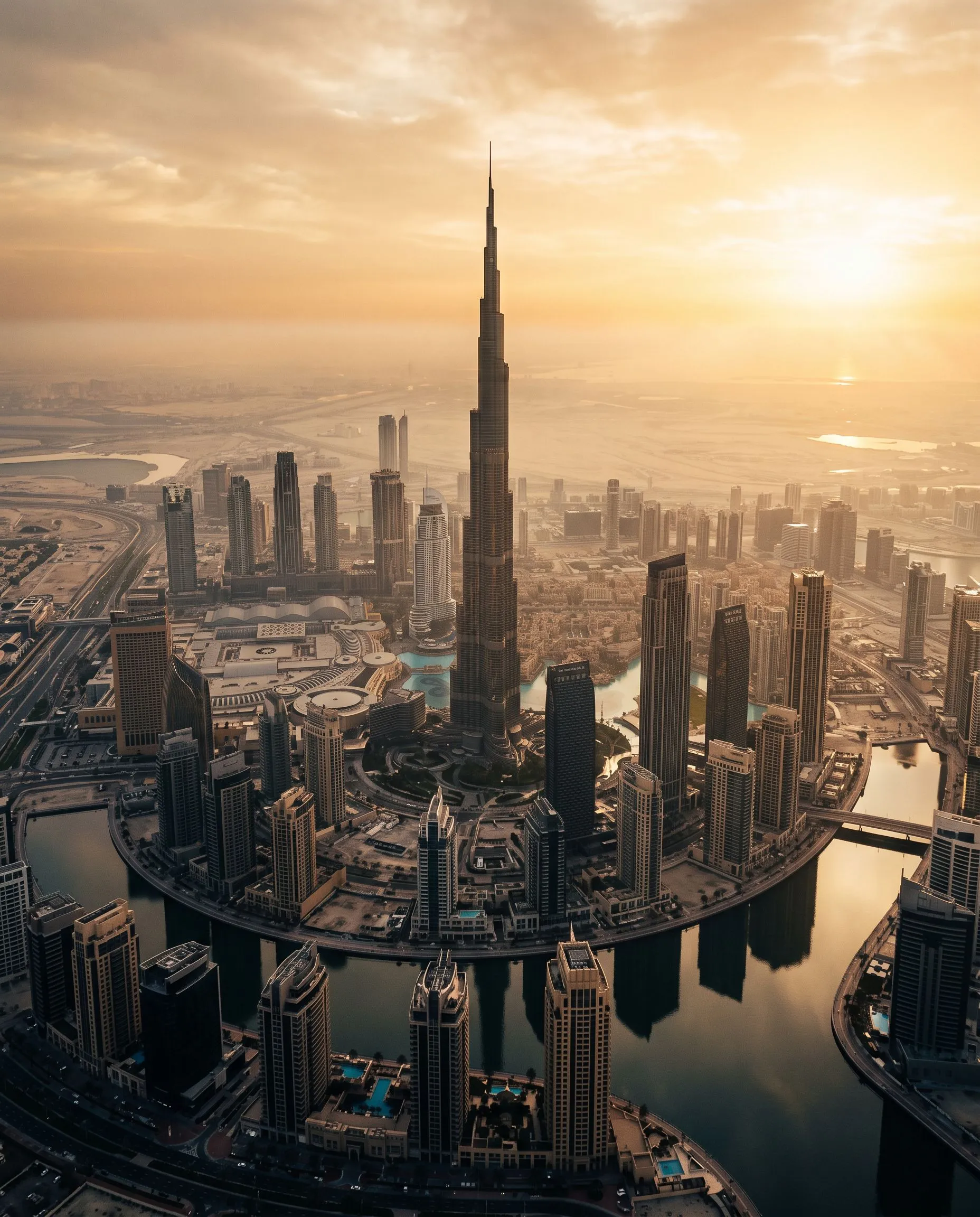 Aerial view of the Dubai skyline at dawn