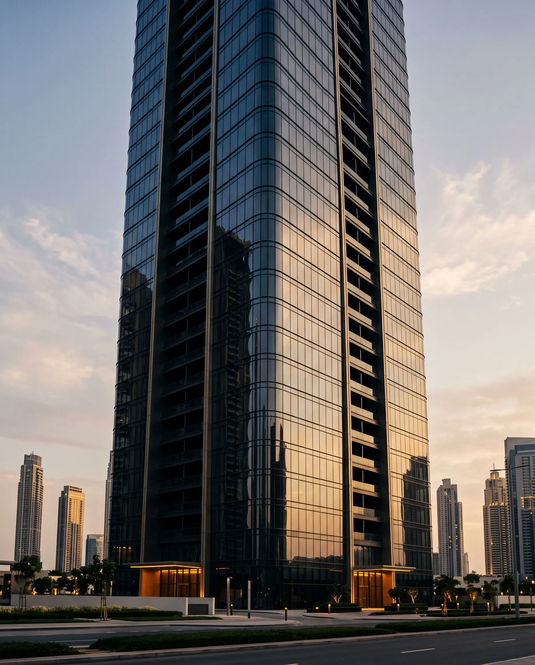 New luxury tower in Dubai at dusk
