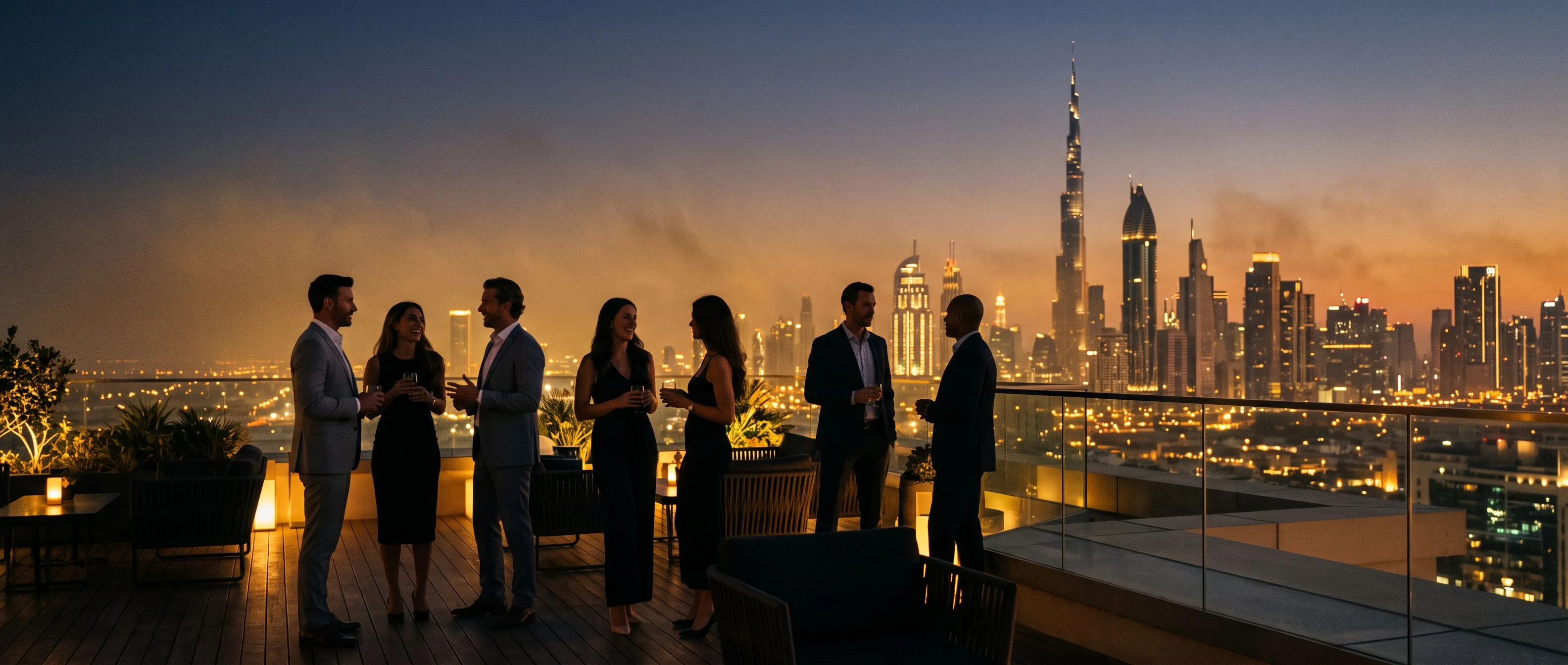 Professionals in conversation on a Dubai terrace at dusk