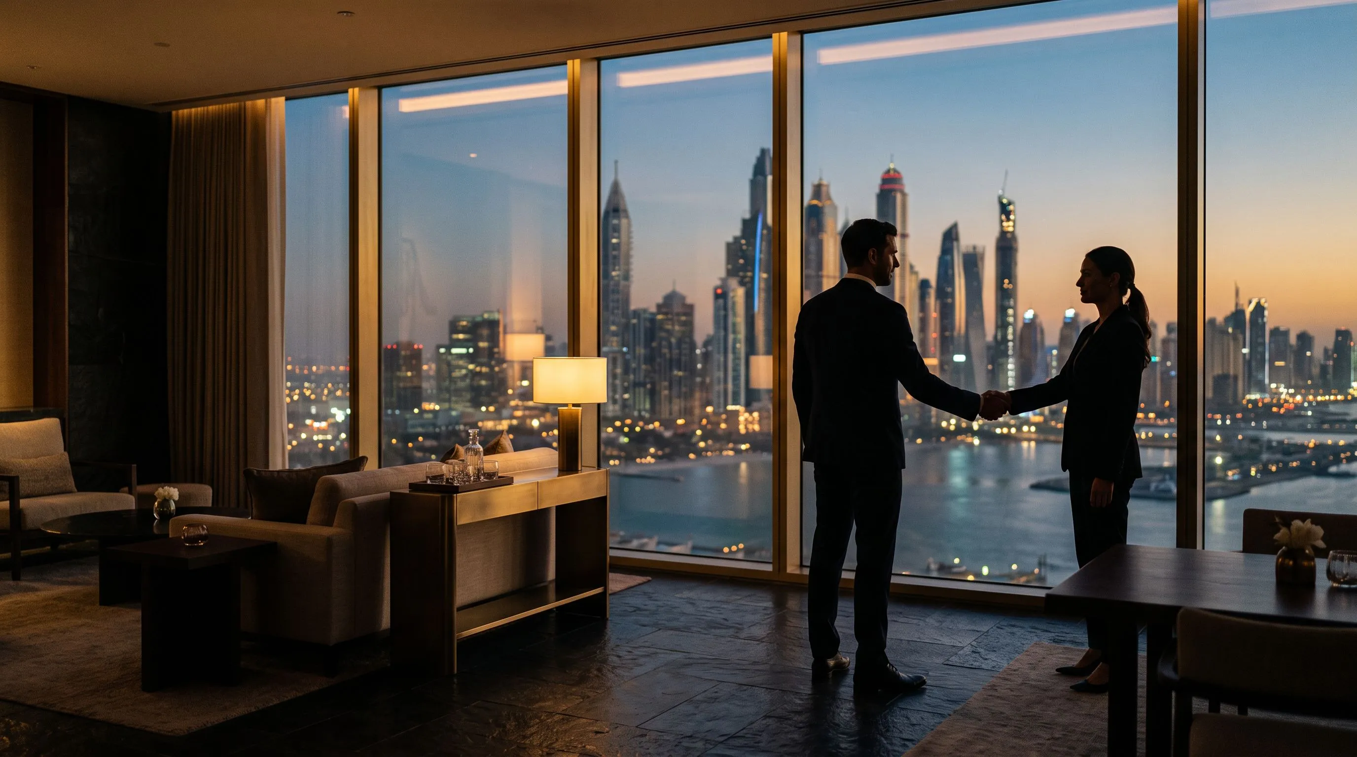 Two professionals shaking hands in a Dubai lounge at dusk, the city skyline behind