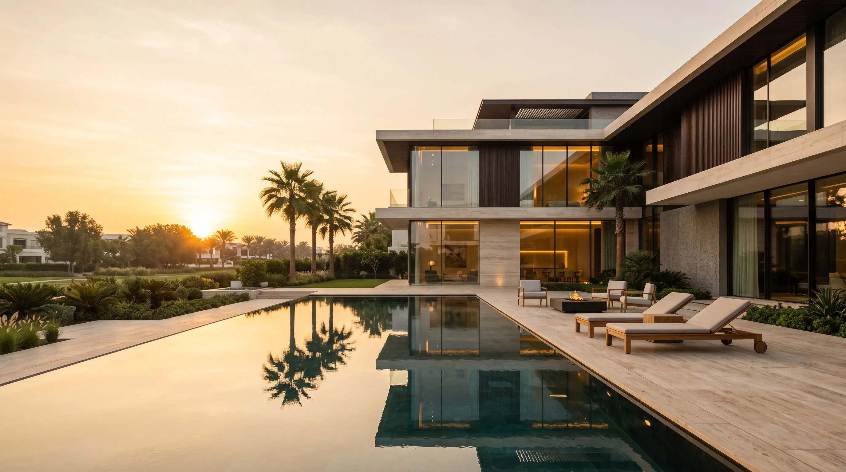 A prestigious Dubai villa at dawn, prepared for sale