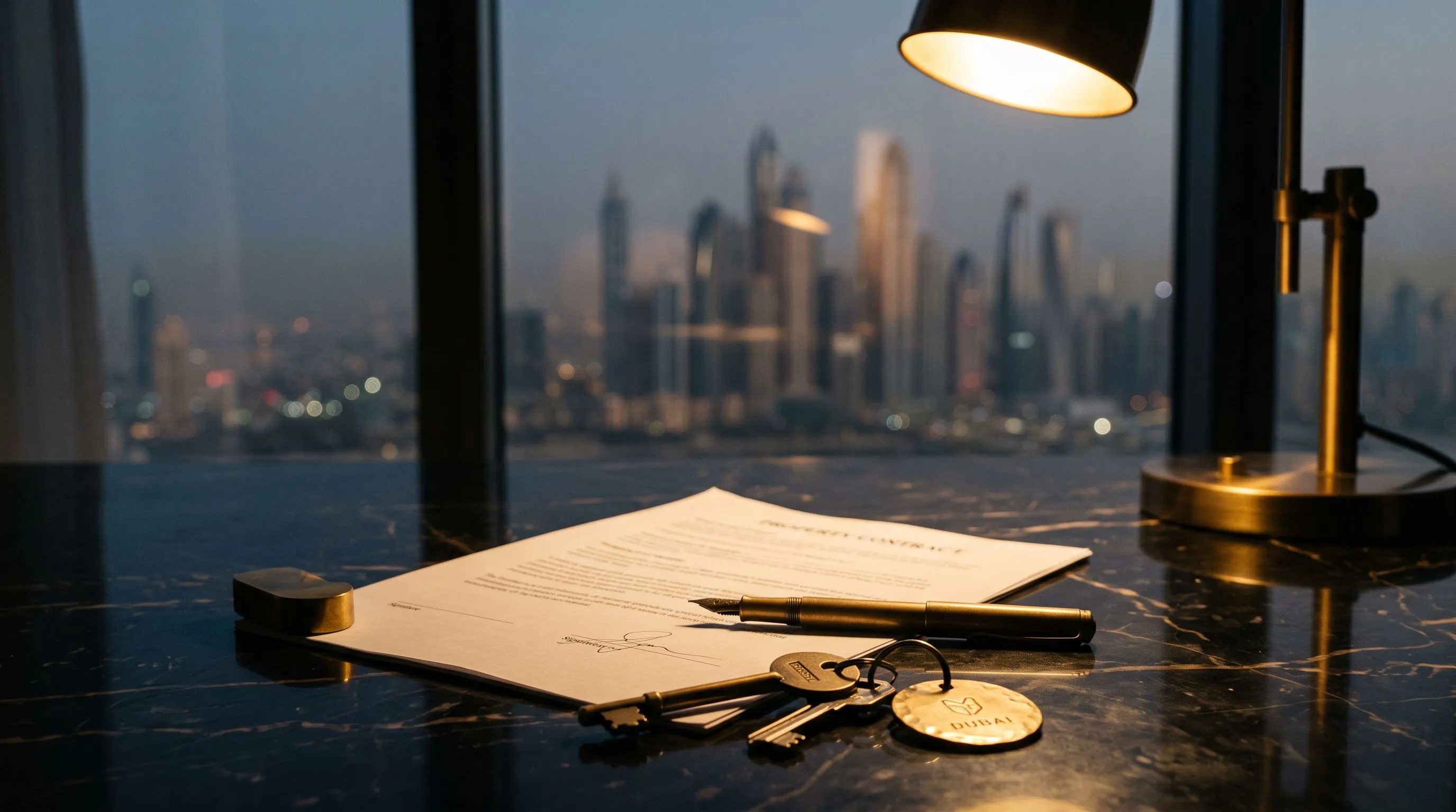 A signed contract, brass pen and keys on dark marble, with the Dubai skyline behind